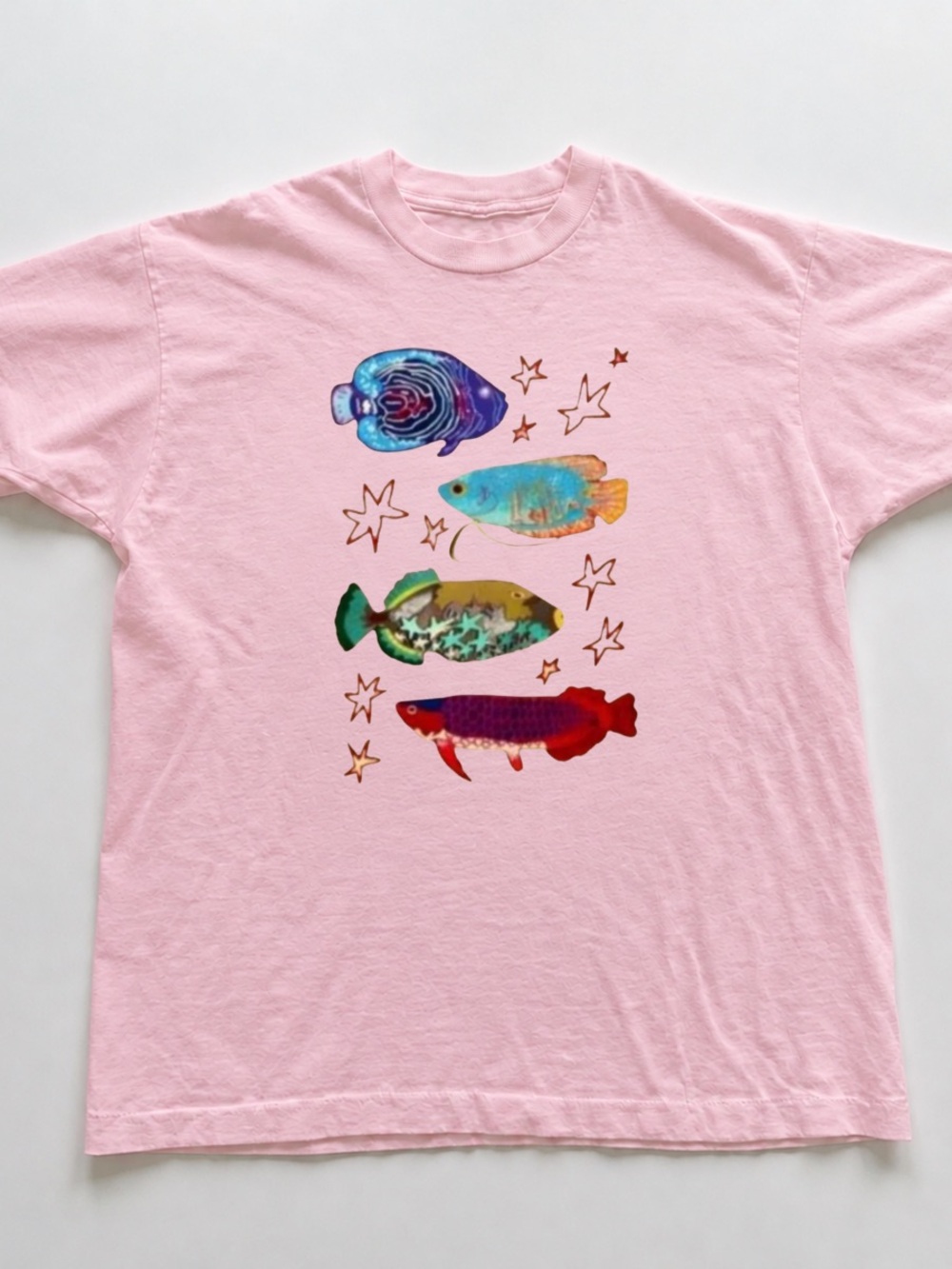 Light Pink Short Sleeve T-Shirt with Colorful Fish Graphic